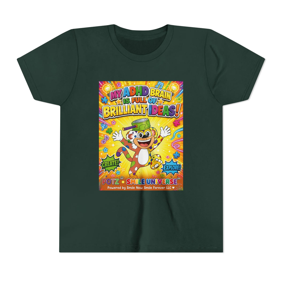 Potz™ Youth Short Sleeve Tee – "My ADHD Brain is Full of Brilliant Ideas!" Graphic Tee | Smile Universe Collection