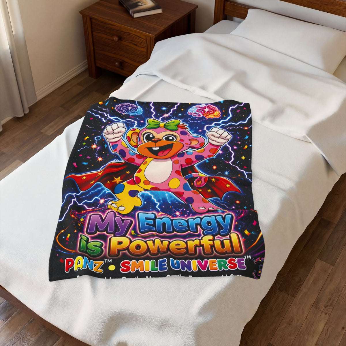 Panz™ Velveteen Plush Blanket – "My Energy is Powerful" Graphic Throw | Smile Universe Collection