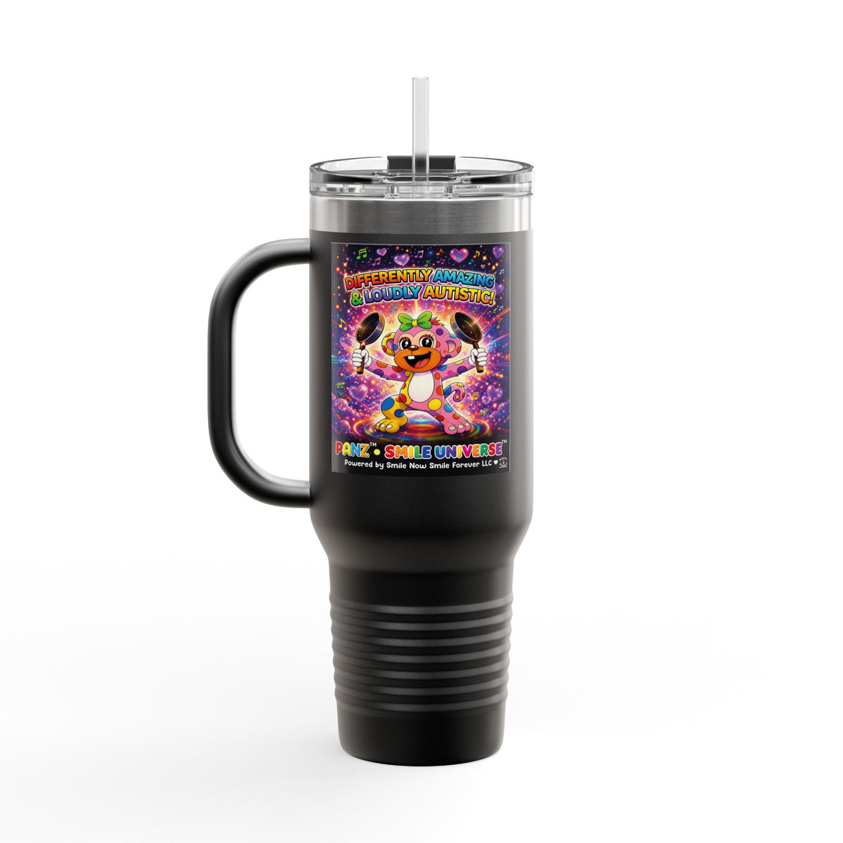 Panz™ 40oz Insulated Travel Mug – "Differently Amazing & Loudly Autistic!" Graphic | Smile Universe Collection