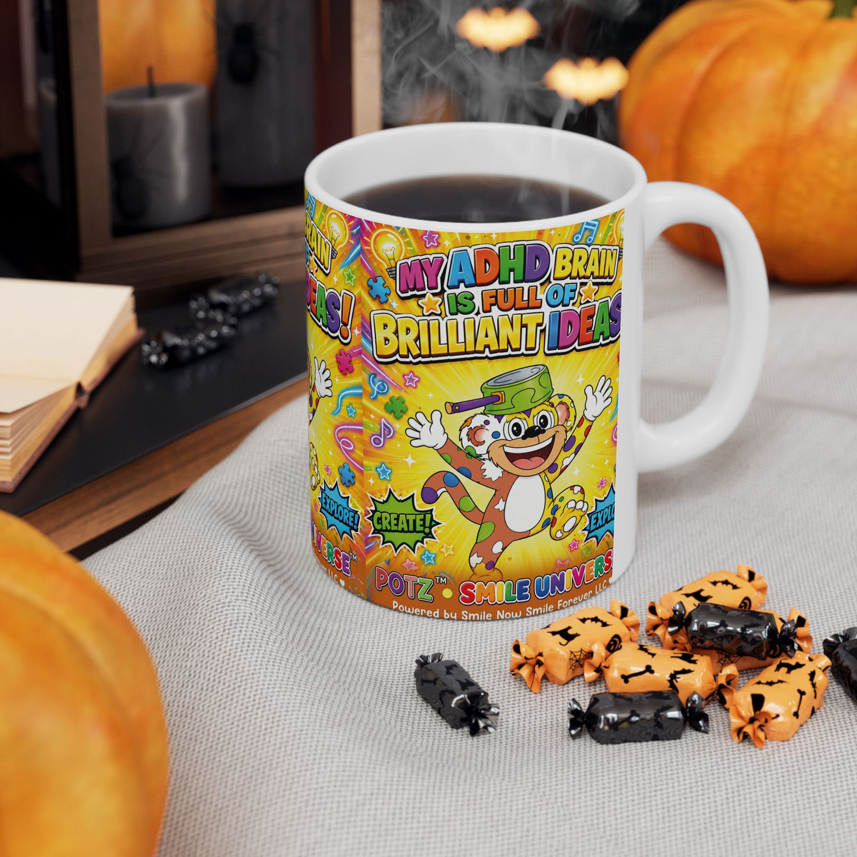 Potz™ Ceramic Mug – "My ADHD Brain is Full of Brilliant Ideas!" Graphic Coffee Mug | Smile Universe Collection
