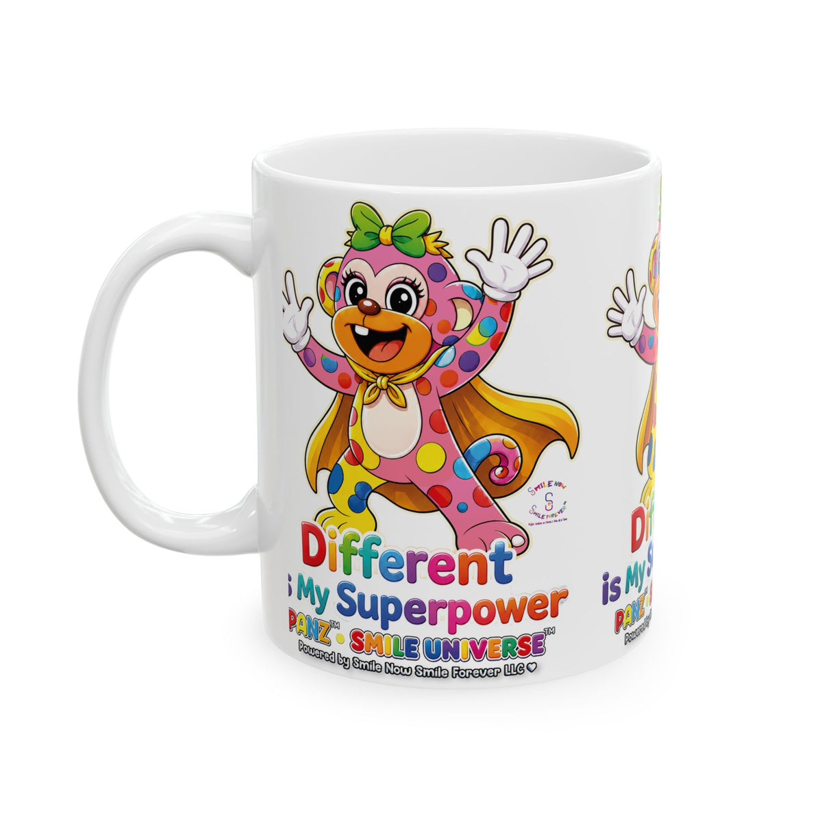 Panz™ Ceramic Mug (11oz & 15oz) – "Different is My Superpower" Graphic | Smile Universe Collection
