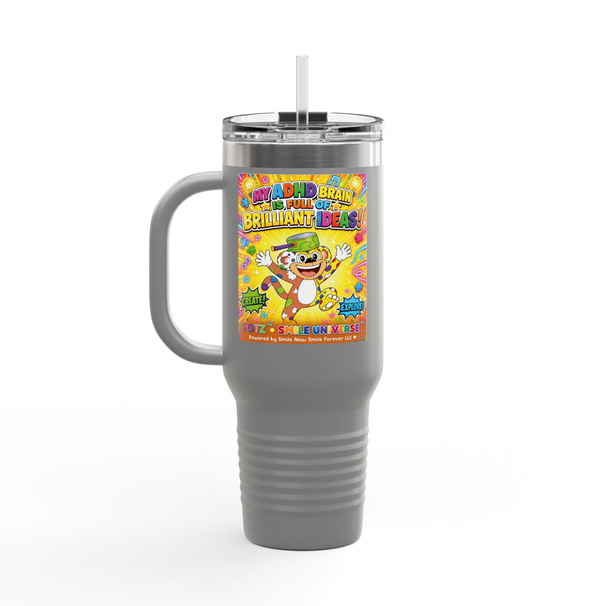 Potz™ Insulated Travel Mug 40oz – "My ADHD Brain is Full of Brilliant Ideas!" Graphic Tumbler | Smile Universe Collection