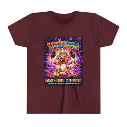 Panz™ Youth Short Sleeve Tee – "Differently Amazing & Loudly Autistic!" Graphic | Smile Universe Collection