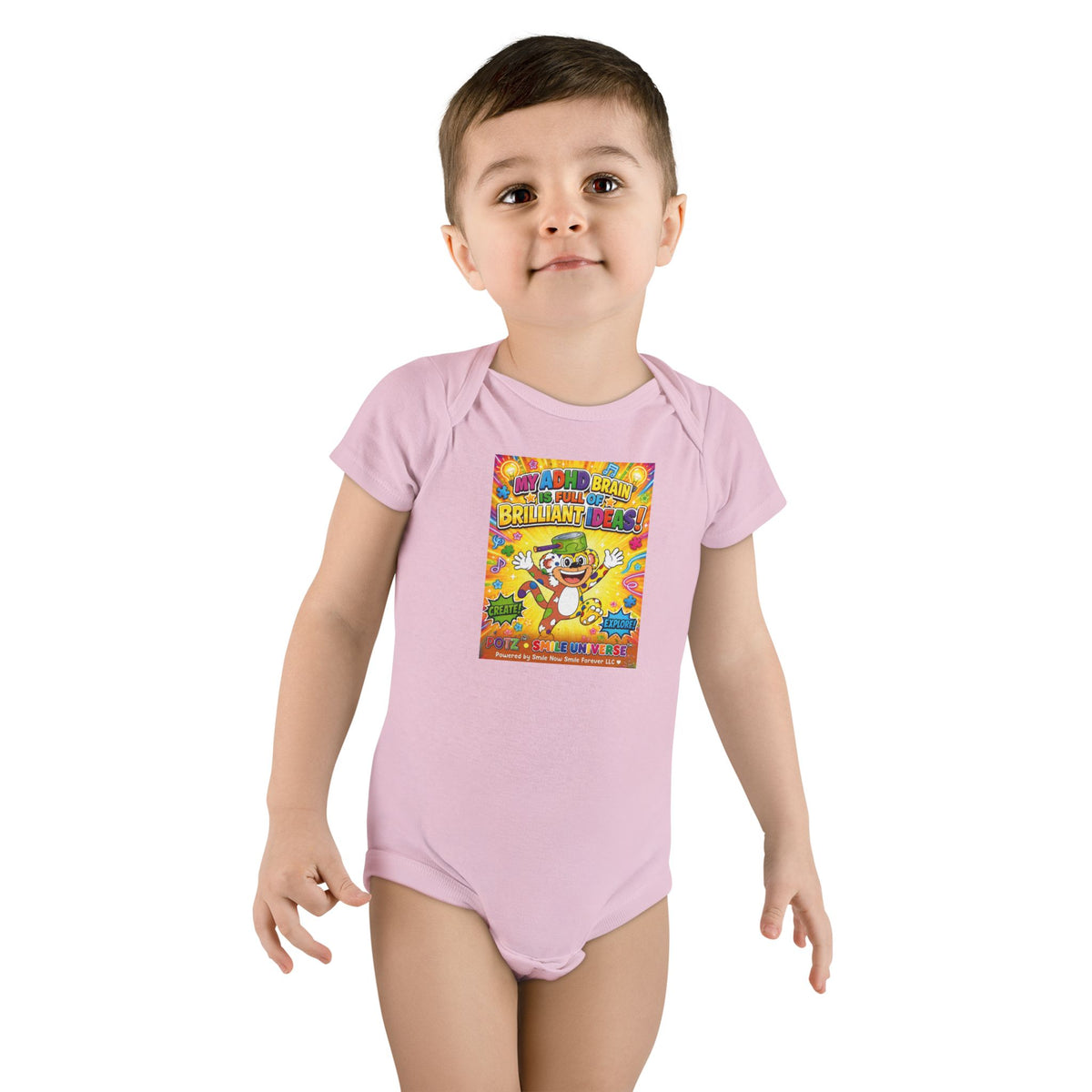 Potz™ Baby Short Sleeve Onesie® – "My ADHD Brain is Full of Brilliant Ideas!" Graphic Bodysuit | Smile Universe Collection