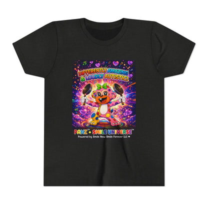 Panz™ Youth Short Sleeve Tee – "Differently Amazing & Loudly Autistic!" Graphic | Smile Universe Collection