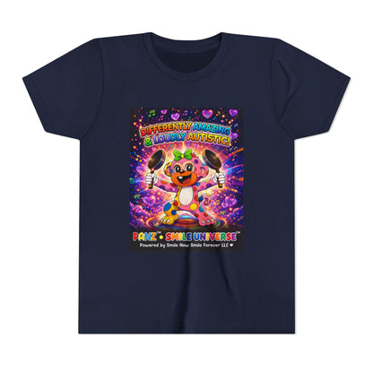 Panz™ Youth Short Sleeve Tee – "Differently Amazing & Loudly Autistic!" Graphic | Smile Universe Collection