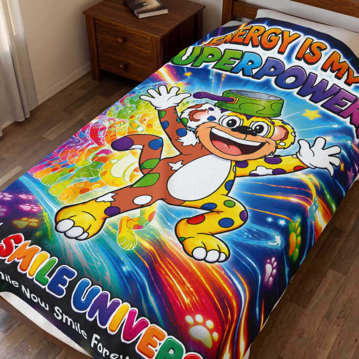 Potz™ Velveteen Plush Blanket – "Energy is My Superpower!" Graphic Throw | Smile Universe Collection