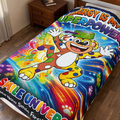 Potz™ Velveteen Plush Blanket – "Energy is My Superpower!" Graphic Throw | Smile Universe Collection