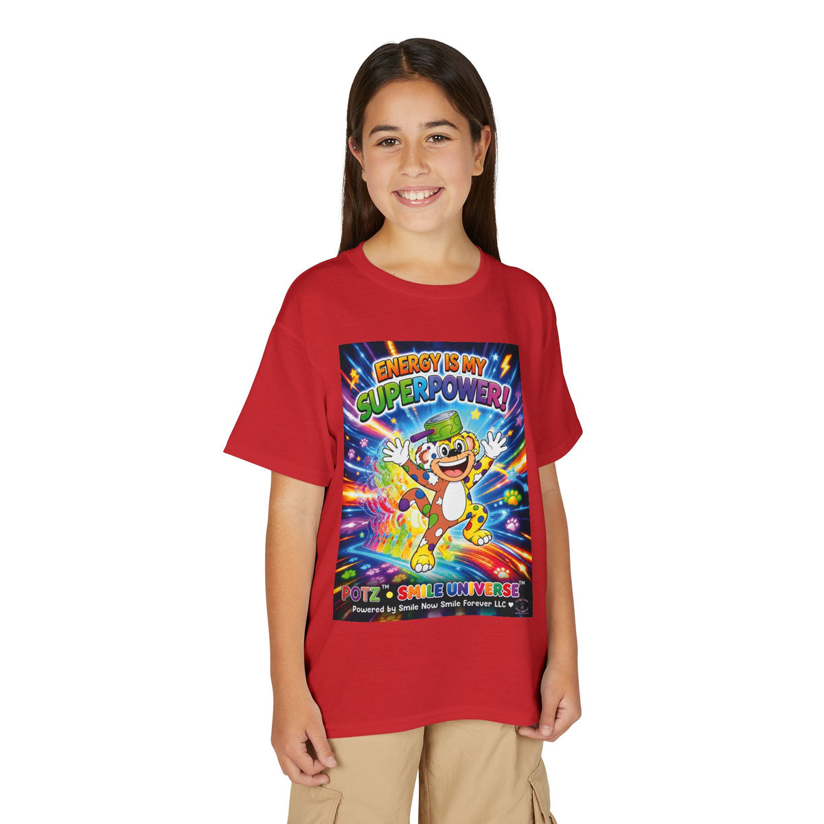 Potz™ Youth DryBlend® T-Shirt – "Energy is My Superpower!" Graphic Tee | Smile Universe Collection