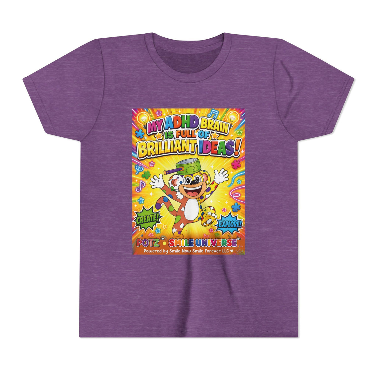 Potz™ Youth Short Sleeve Tee – "My ADHD Brain is Full of Brilliant Ideas!" Graphic Tee | Smile Universe Collection