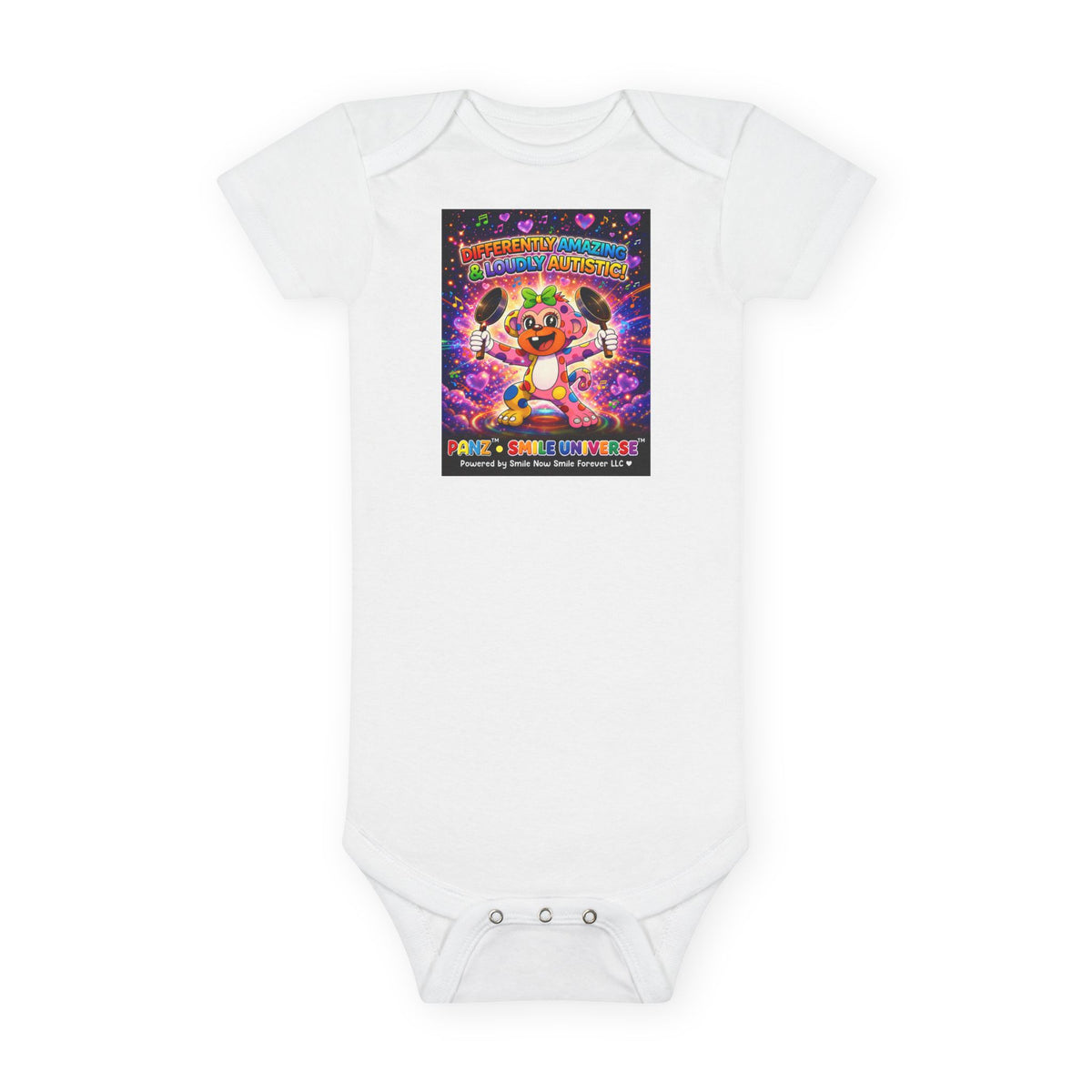 Panz™ Baby Short Sleeve Onesie® – "Differently Amazing & Loudly Autistic!" Graphic | Smile Universe Collection