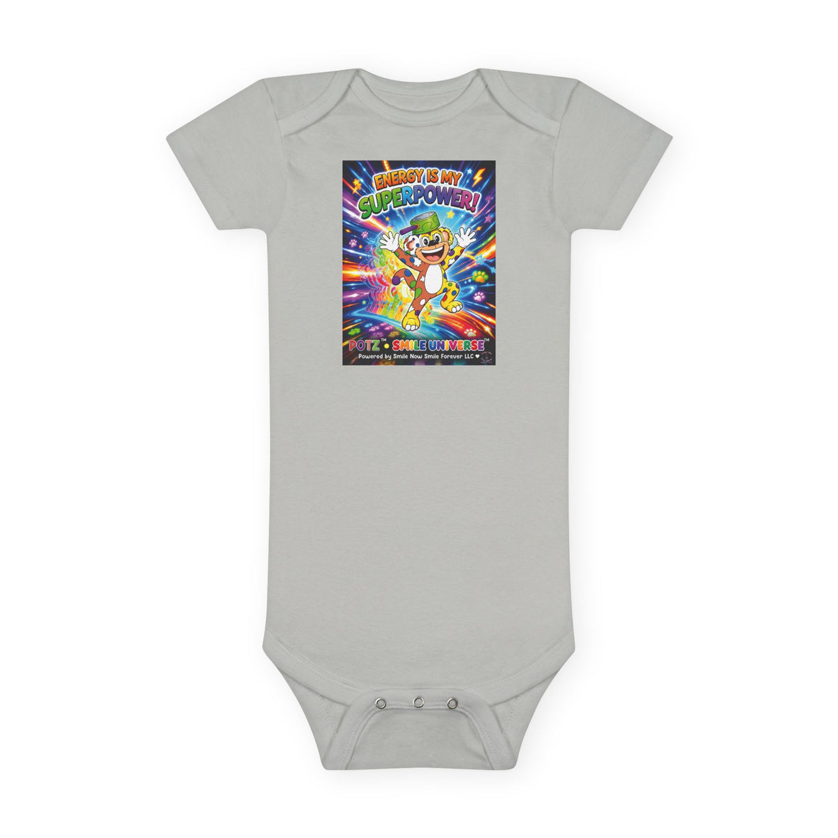 Potz™ Baby Short Sleeve Onesie® – "Energy is My Superpower!" Graphic Bodysuit | Smile Universe Collection