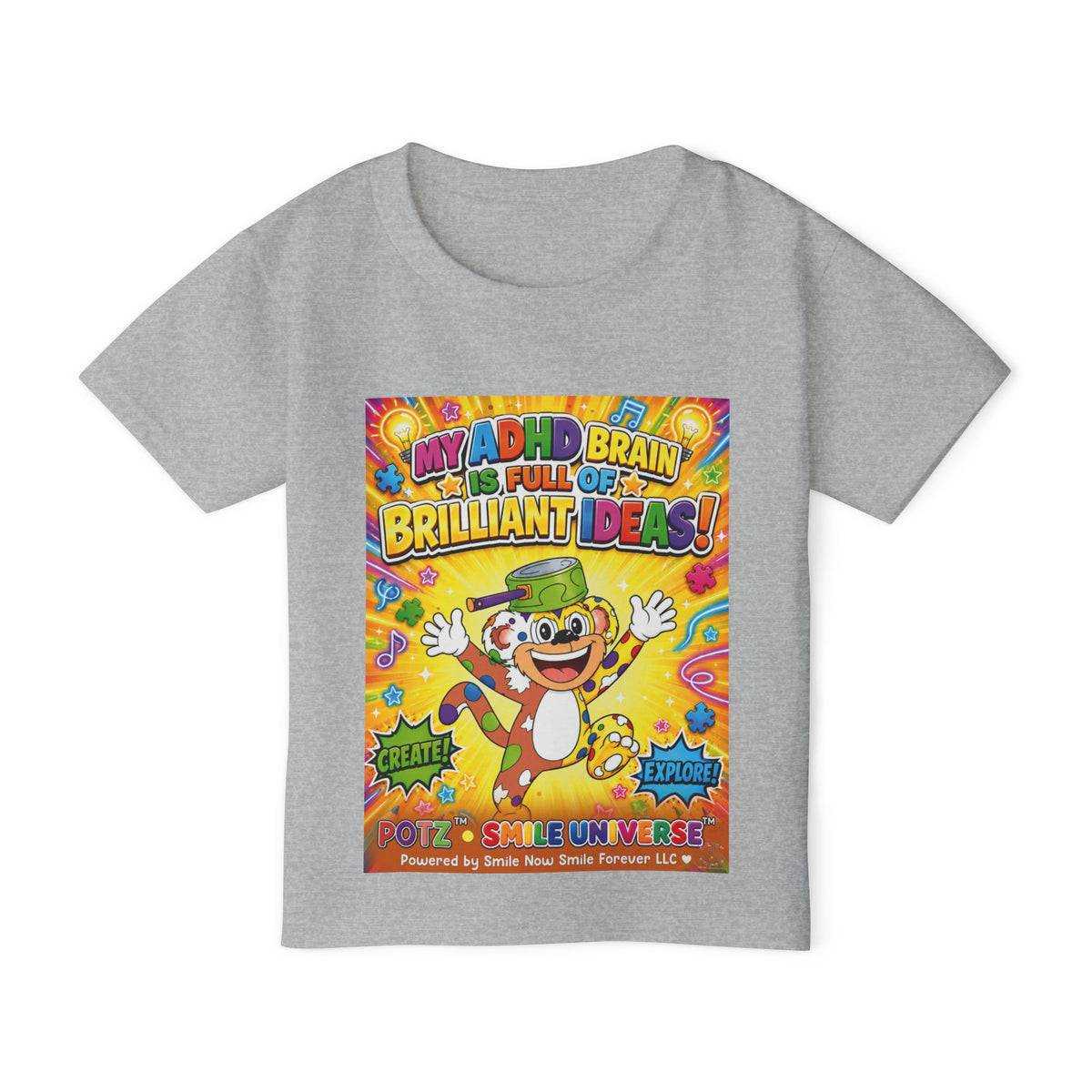 Potz™ Heavy Cotton™ Toddler T-Shirt – "My ADHD Brain is Full of Brilliant Ideas!" Graphic Tee | Smile Universe Collection