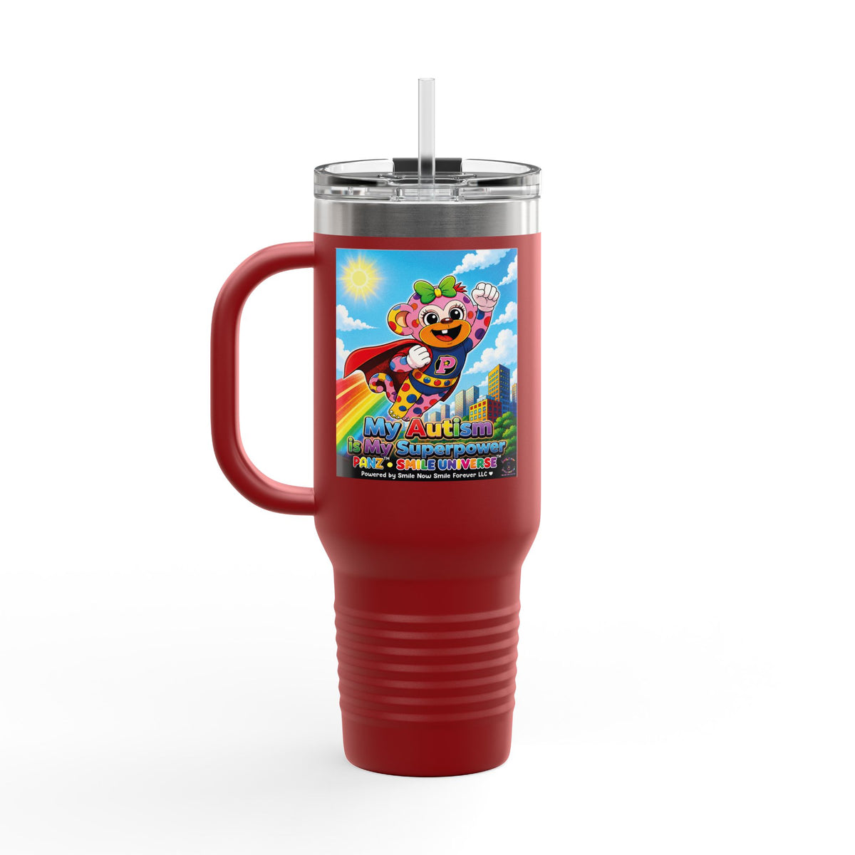 Panz™ 40oz Insulated Travel Mug – "My Autism is My Superpower" Graphic | Smile Universe Collection