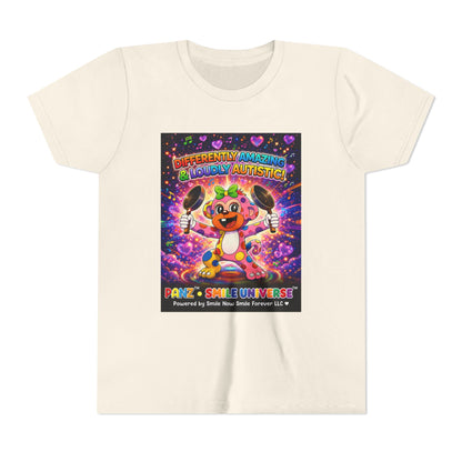 Panz™ Youth Short Sleeve Tee – "Differently Amazing & Loudly Autistic!" Graphic | Smile Universe Collection