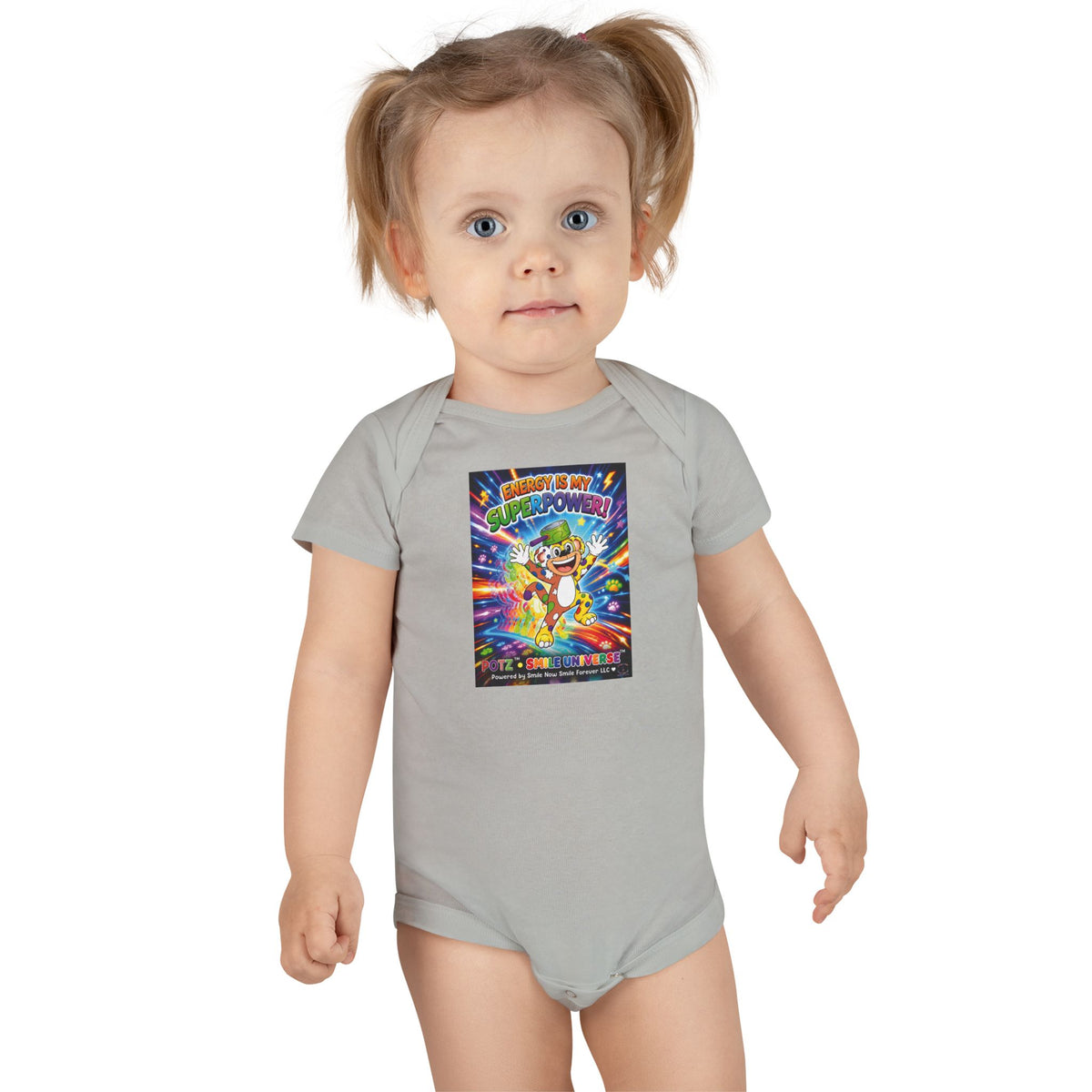 Potz™ Baby Short Sleeve Onesie® – "Energy is My Superpower!" Graphic Bodysuit | Smile Universe Collection