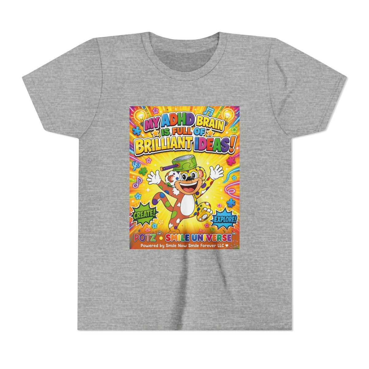 Potz™ Youth Short Sleeve Tee – "My ADHD Brain is Full of Brilliant Ideas!" Graphic Tee | Smile Universe Collection