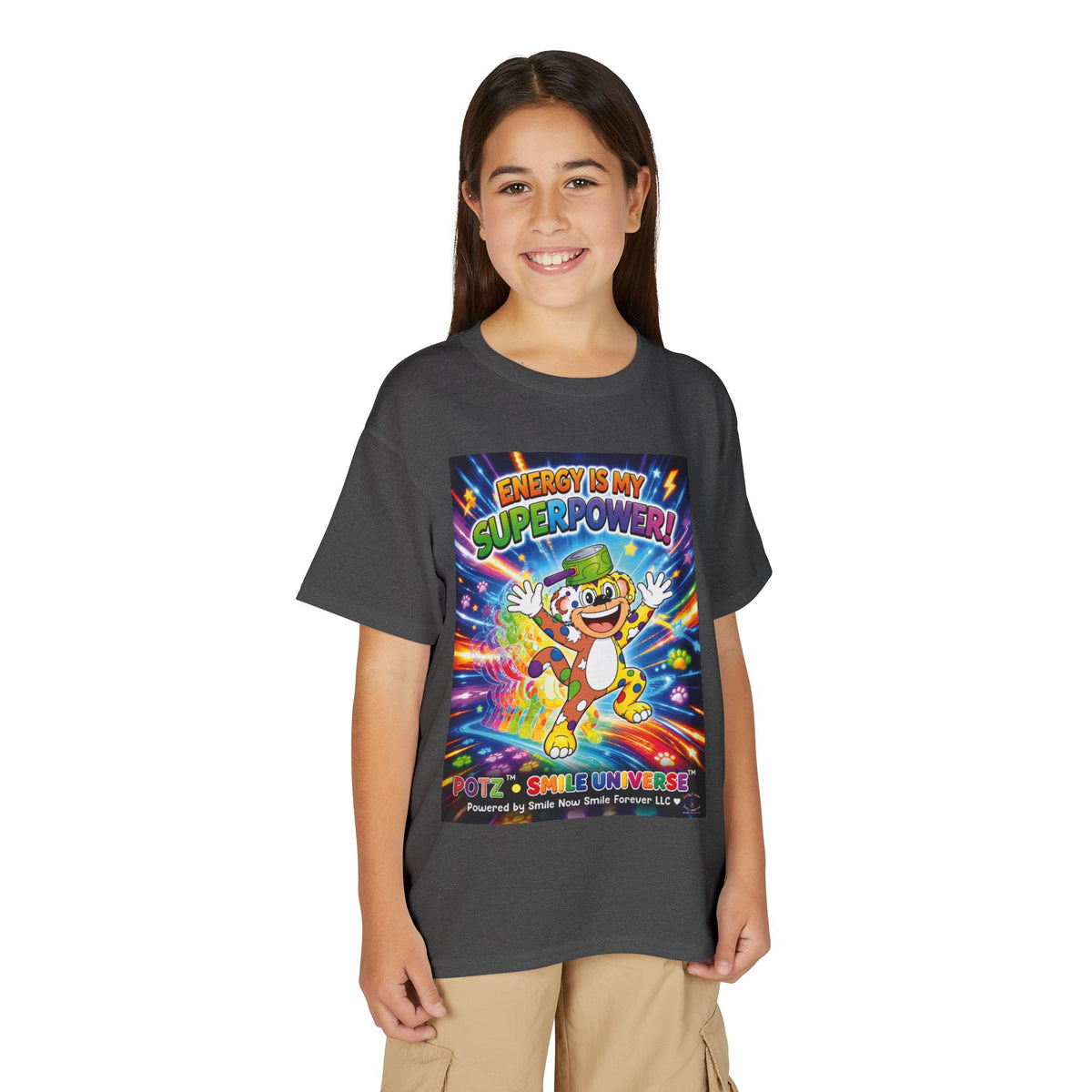 Potz™ Youth DryBlend® T-Shirt – "Energy is My Superpower!" Graphic Tee | Smile Universe Collection