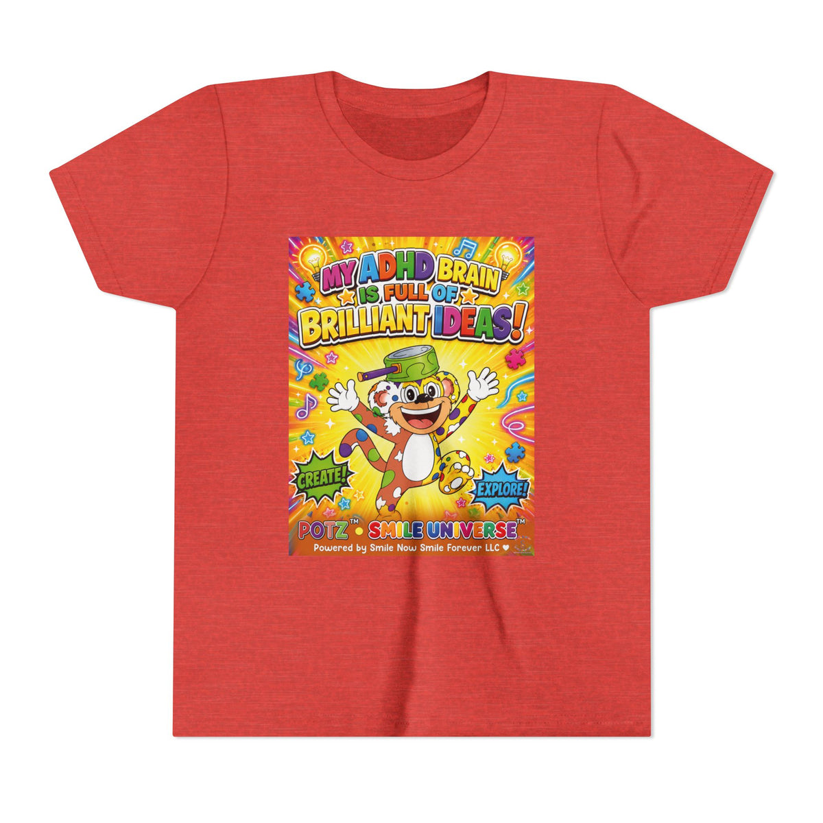 Potz™ Youth Short Sleeve Tee – "My ADHD Brain is Full of Brilliant Ideas!" Graphic Tee | Smile Universe Collection