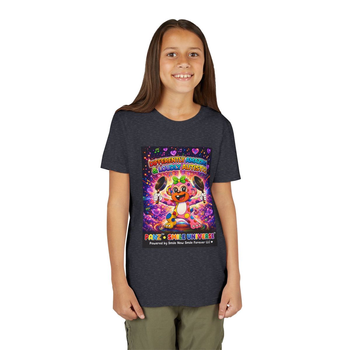Panz™ Youth Short Sleeve Tee – "Differently Amazing & Loudly Autistic!" Graphic | Smile Universe Collection