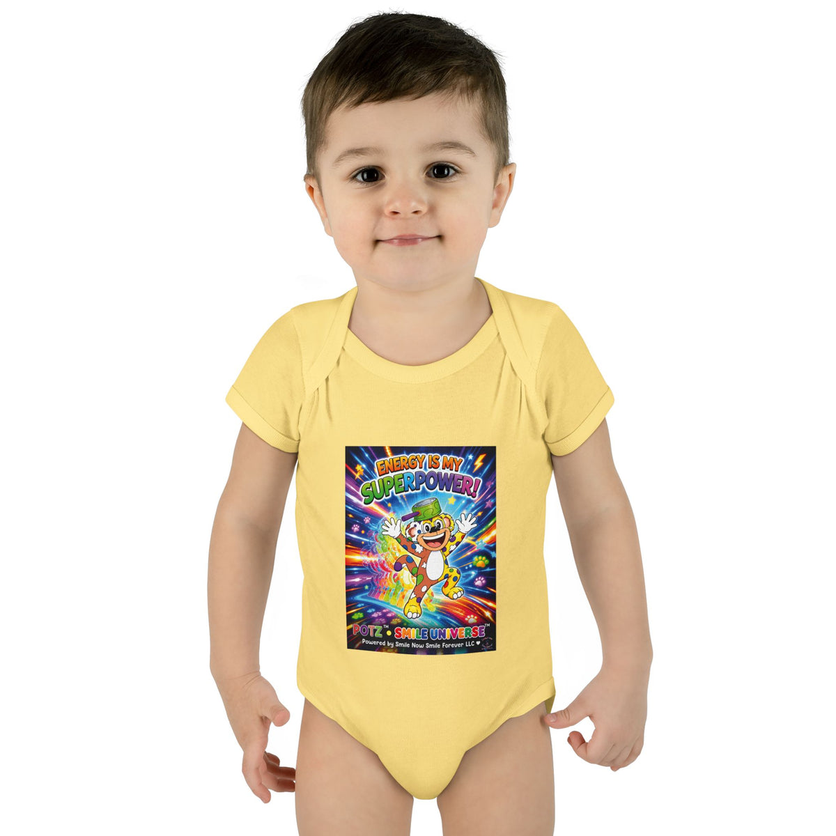 Potz™ Infant Baby Rib Bodysuit – "Energy is My Superpower!" Graphic Onesie | Smile Universe Collection