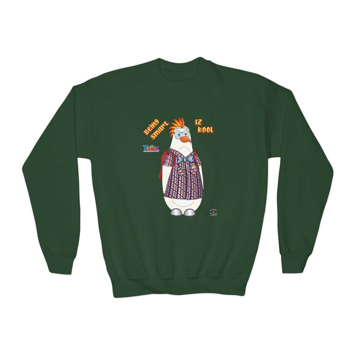 TuBz™ "Being Smart Iz Kool" Youth Crewneck Sweatshirt – Character Dress-Up Graphic Sweatshirt | Smile Universe TuBz4Kidz Collection