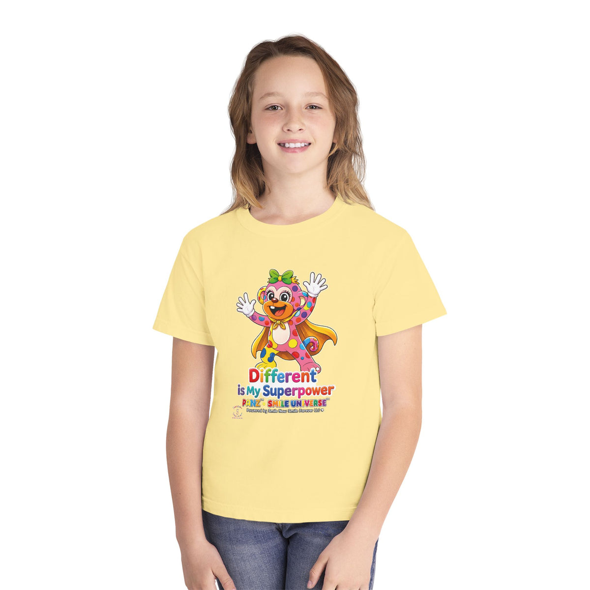Panz™ Youth Midweight Tee – "Different is My Superpower" Graphic | Smile Universe Collection
