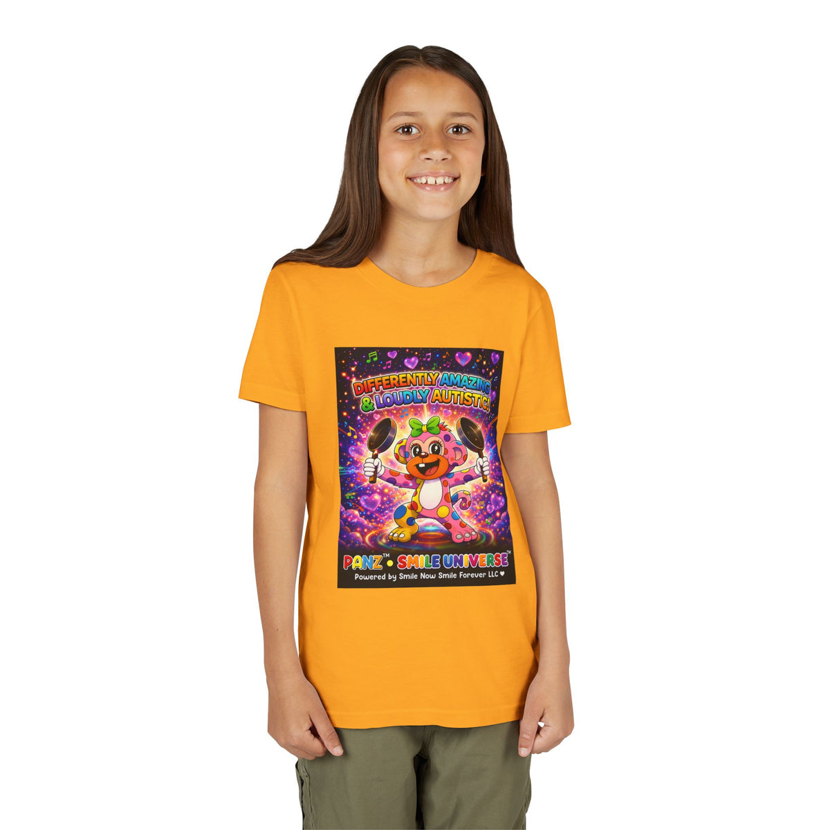 Panz™ Youth Short Sleeve Tee – "Differently Amazing & Loudly Autistic!" Graphic | Smile Universe Collection