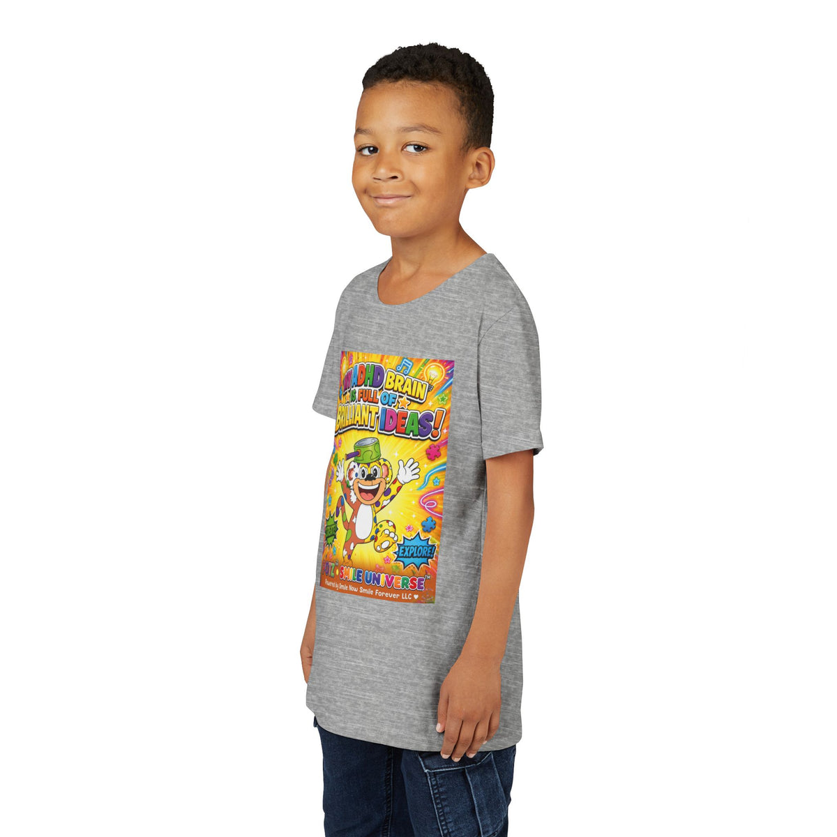 Potz™ Youth Short Sleeve Tee – "My ADHD Brain is Full of Brilliant Ideas!" Graphic Tee | Smile Universe Collection