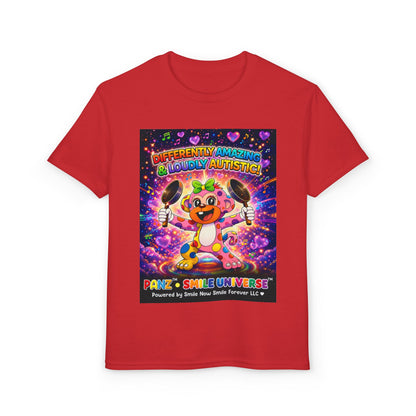 Panz™ Youth DryBlend® T-Shirt – "Differently Amazing & Loudly Autistic!" Graphic | Smile Universe Collection