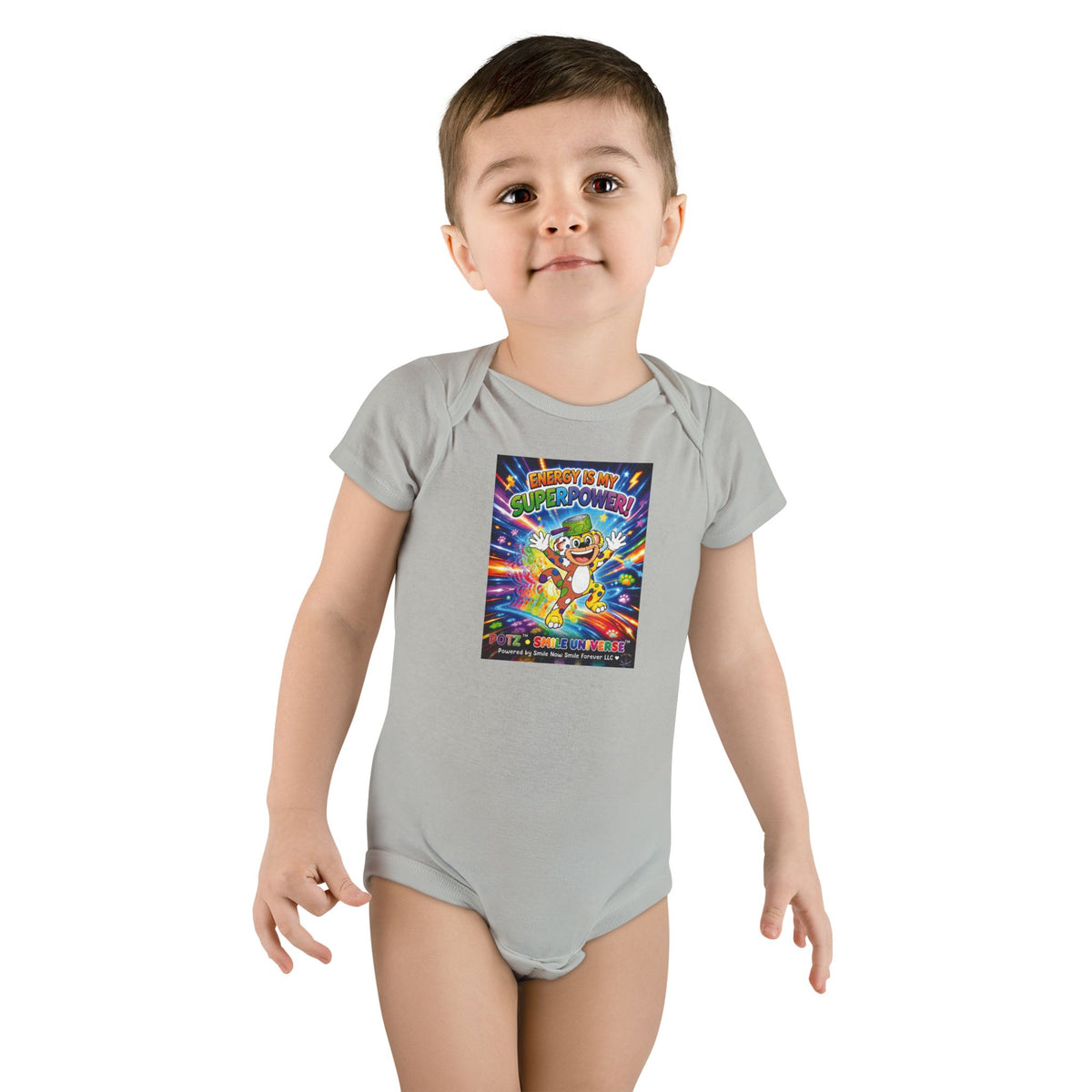 Potz™ Baby Short Sleeve Onesie® – "Energy is My Superpower!" Graphic Bodysuit | Smile Universe Collection