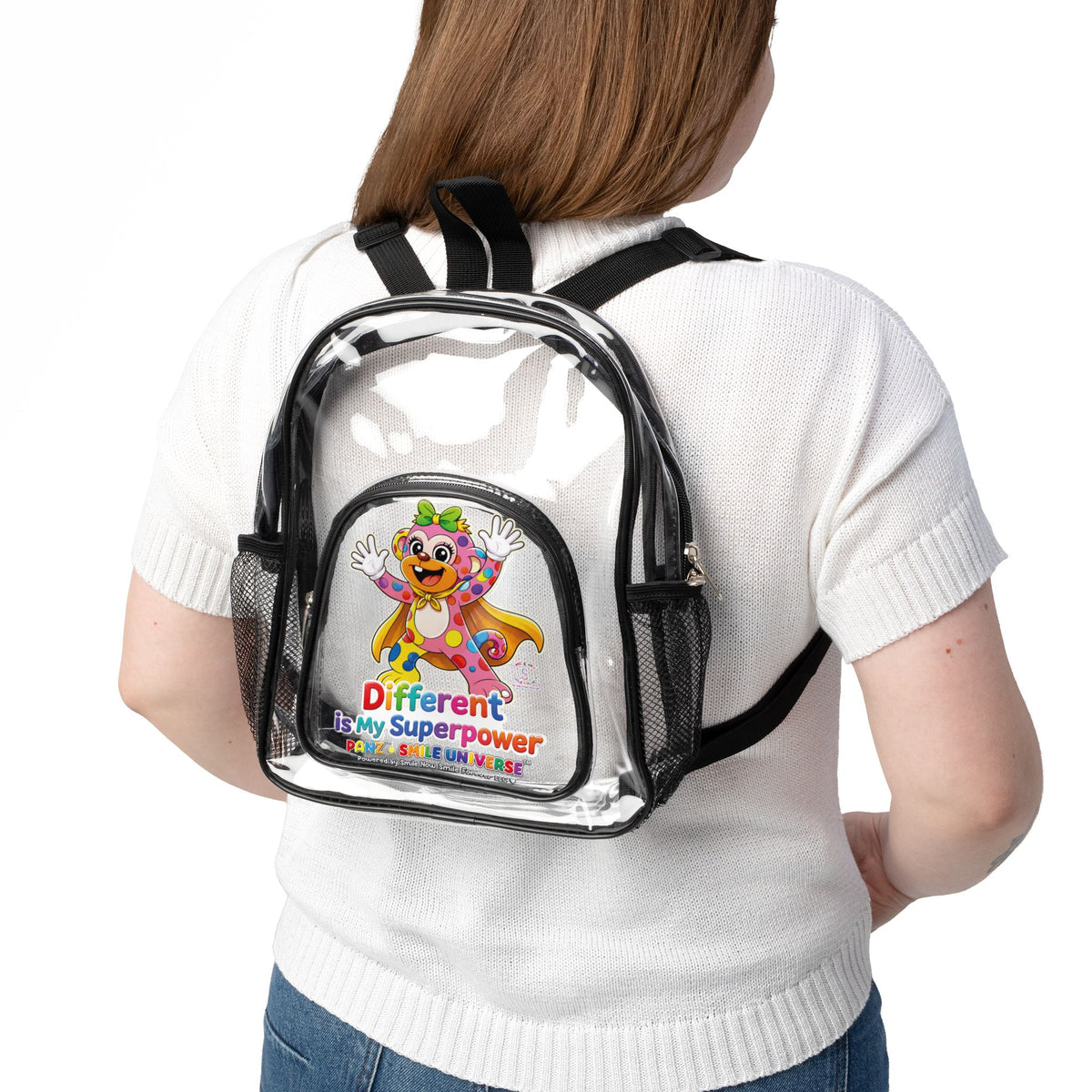 Panz™ Clear Stadium Backpack – "Different is My Superpower" Graphic | Smile Universe Collection