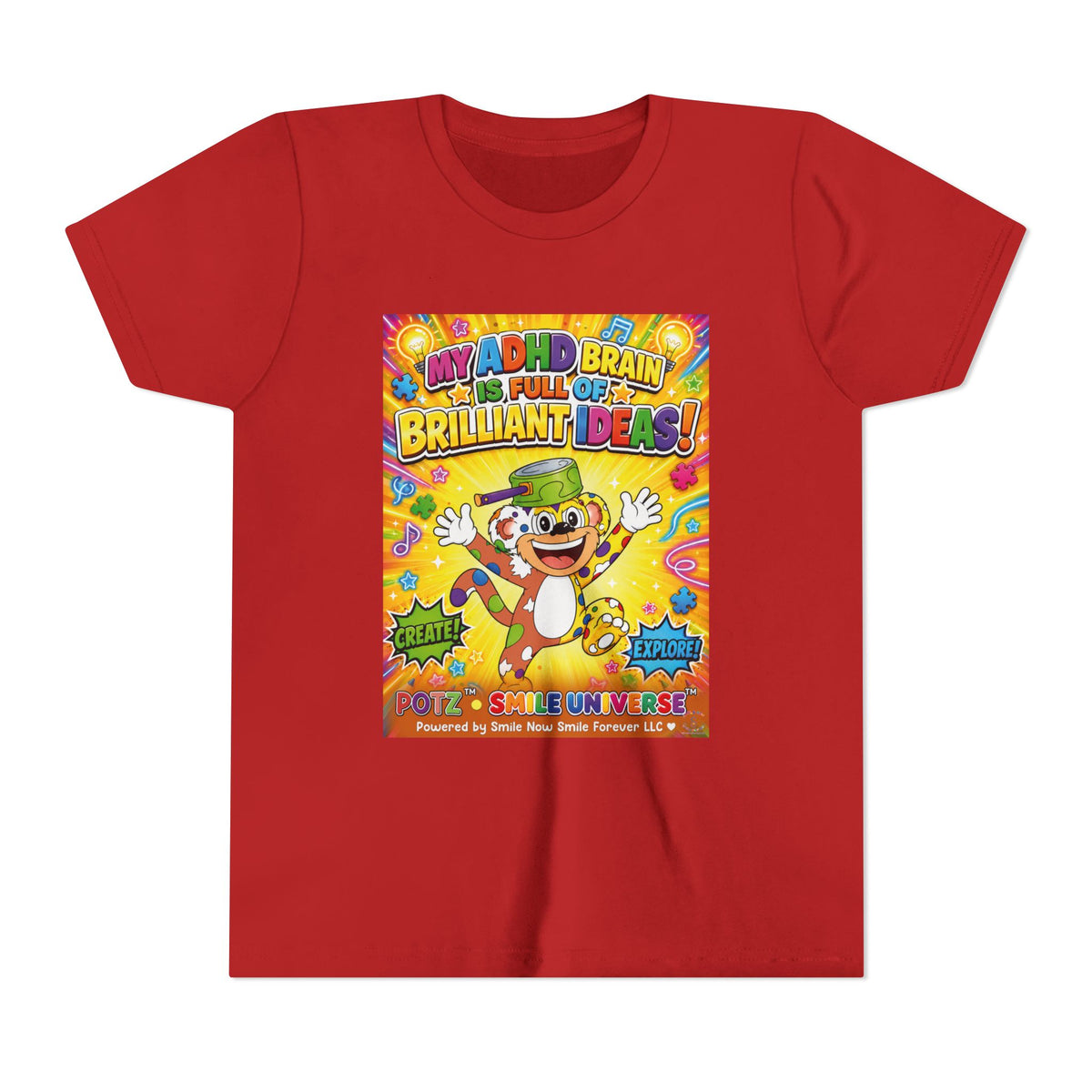 Potz™ Youth Short Sleeve Tee – "My ADHD Brain is Full of Brilliant Ideas!" Graphic Tee | Smile Universe Collection