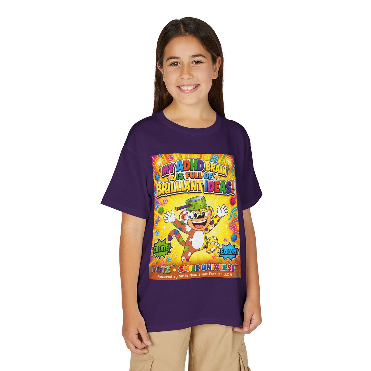 Potz™ Youth DryBlend® T-Shirt – "My ADHD Brain is Full of Brilliant Ideas!" Graphic Tee | Smile Universe Collection