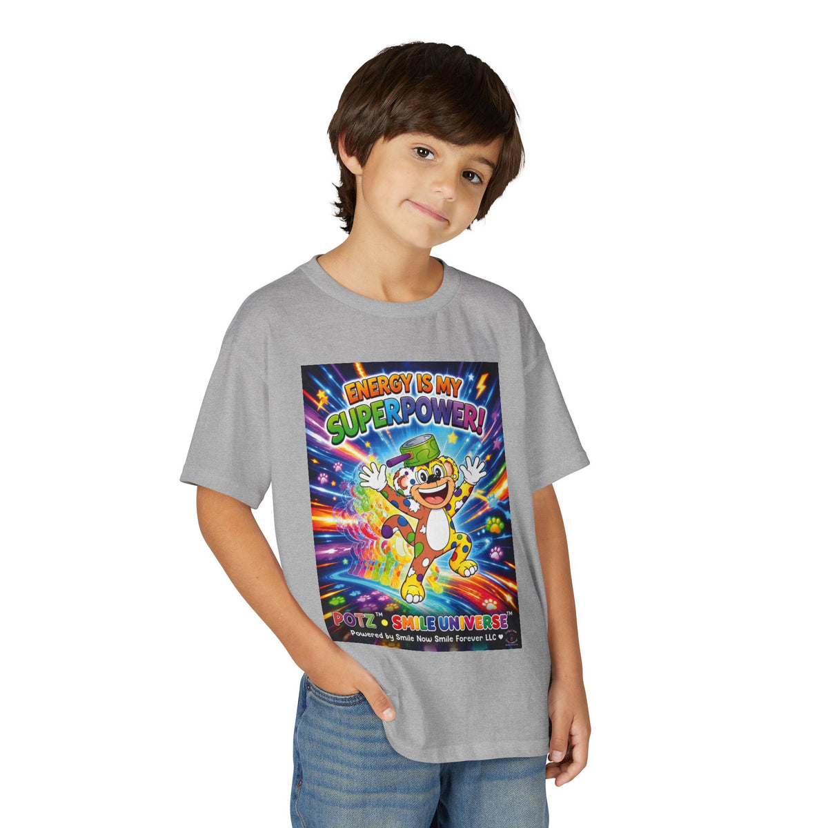 Potz™ Youth DryBlend® T-Shirt – "Energy is My Superpower!" Graphic Tee | Smile Universe Collection
