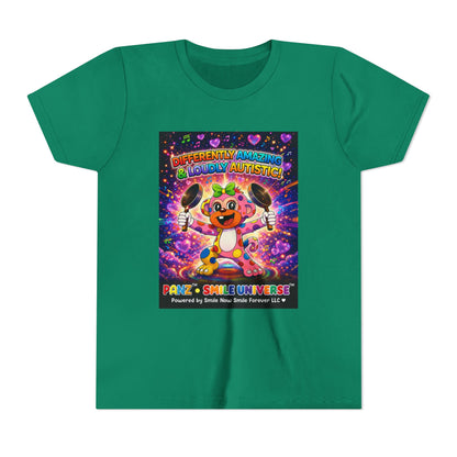 Panz™ Youth Short Sleeve Tee – "Differently Amazing & Loudly Autistic!" Graphic | Smile Universe Collection