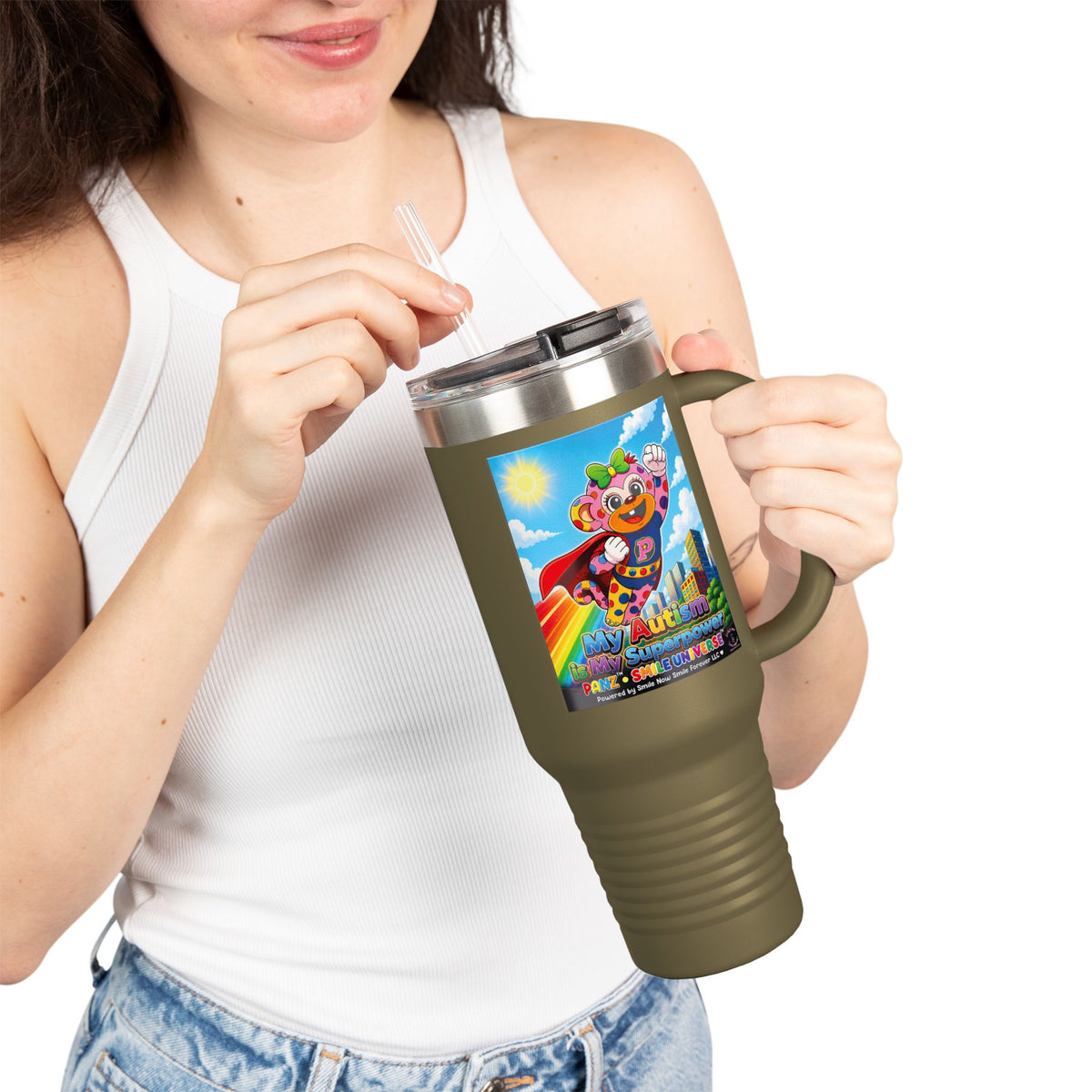 Panz™ 40oz Insulated Travel Mug – "My Autism is My Superpower" Graphic | Smile Universe Collection