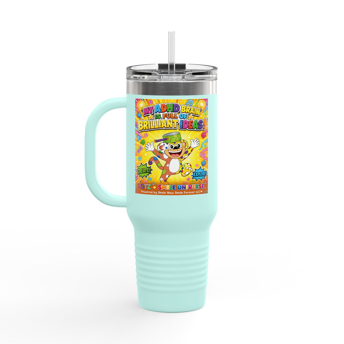 Potz™ Insulated Travel Mug 40oz – "My ADHD Brain is Full of Brilliant Ideas!" Graphic Tumbler | Smile Universe Collection