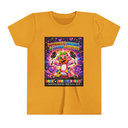 Panz™ Youth Short Sleeve Tee – "Differently Amazing & Loudly Autistic!" Graphic | Smile Universe Collection