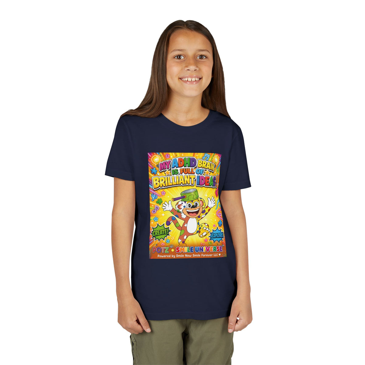 Potz™ Youth Short Sleeve Tee – "My ADHD Brain is Full of Brilliant Ideas!" Graphic Tee | Smile Universe Collection