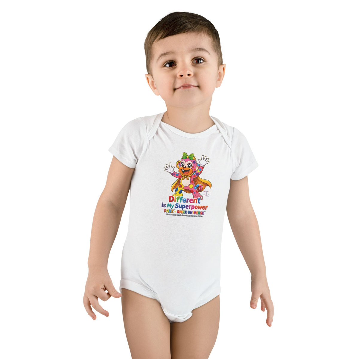 Panz™ Baby Short Sleeve Onesie® – "Different is My Superpower" Graphic | Smile Universe Collection