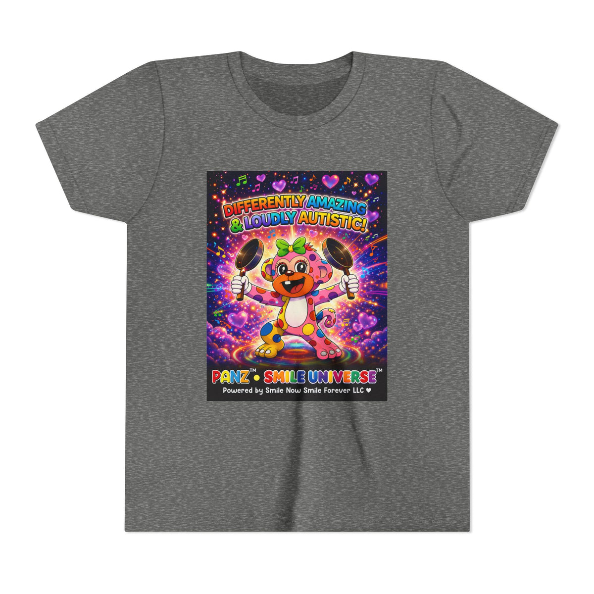 Panz™ Youth Short Sleeve Tee – "Differently Amazing & Loudly Autistic!" Graphic | Smile Universe Collection