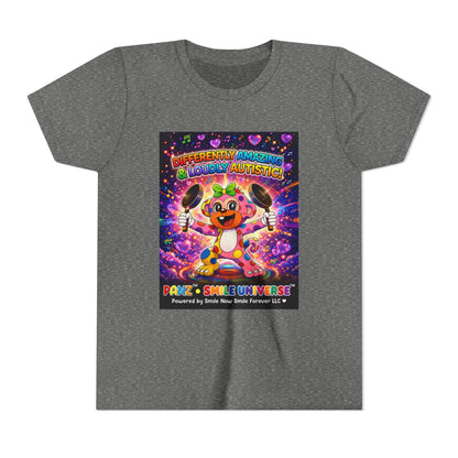 Panz™ Youth Short Sleeve Tee – "Differently Amazing & Loudly Autistic!" Graphic | Smile Universe Collection