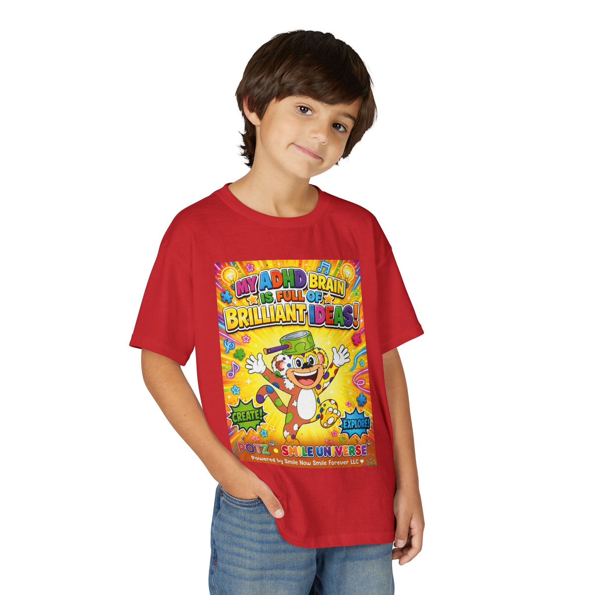 Potz™ Youth DryBlend® T-Shirt – "My ADHD Brain is Full of Brilliant Ideas!" Graphic Tee | Smile Universe Collection