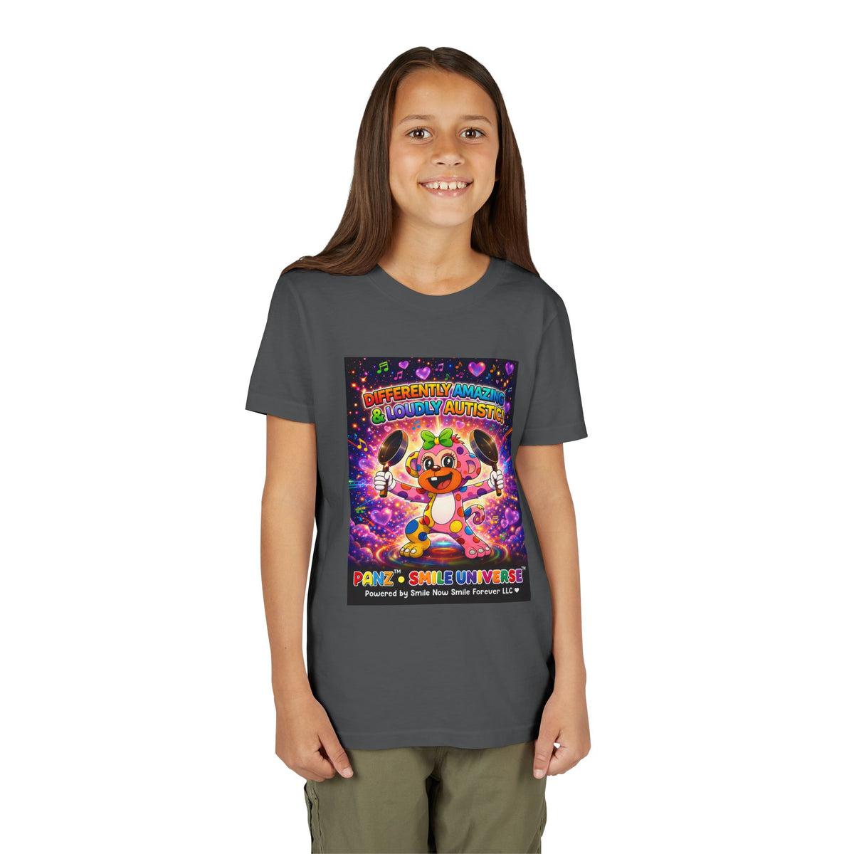 Panz™ Youth Short Sleeve Tee – "Differently Amazing & Loudly Autistic!" Graphic | Smile Universe Collection