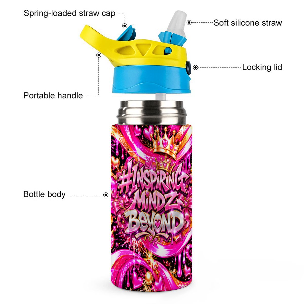 BWD Pink Water Bottle – Inspiring Mindz Beyond Hearts & Crowns Graphic Bottle