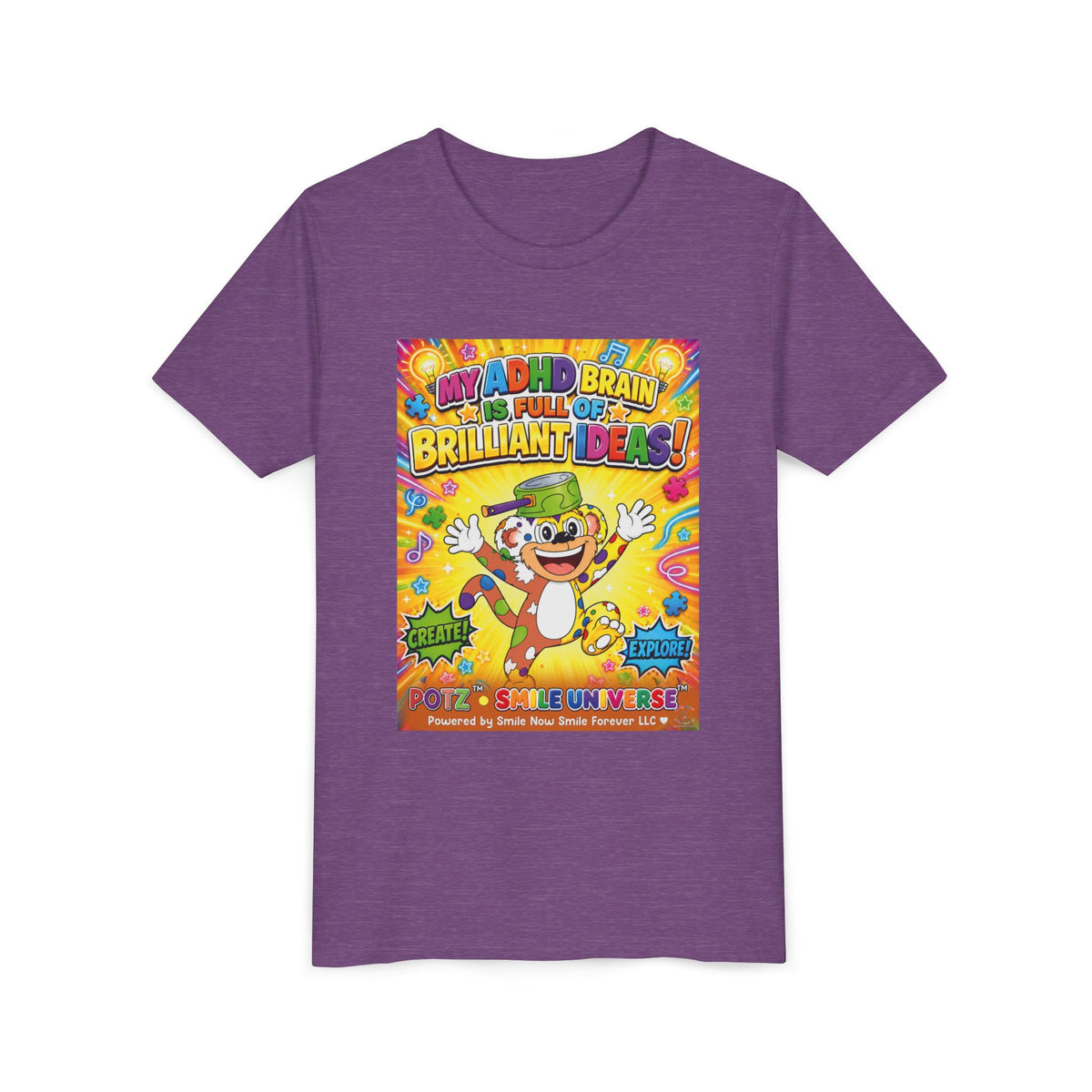 Potz™ Youth Short Sleeve Tee – "My ADHD Brain is Full of Brilliant Ideas!" Graphic Tee | Smile Universe Collection