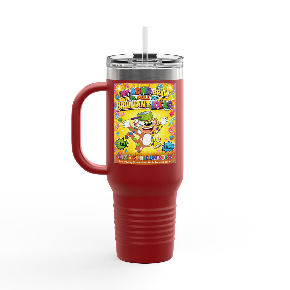 Potz™ Insulated Travel Mug 40oz – "My ADHD Brain is Full of Brilliant Ideas!" Graphic Tumbler | Smile Universe Collection