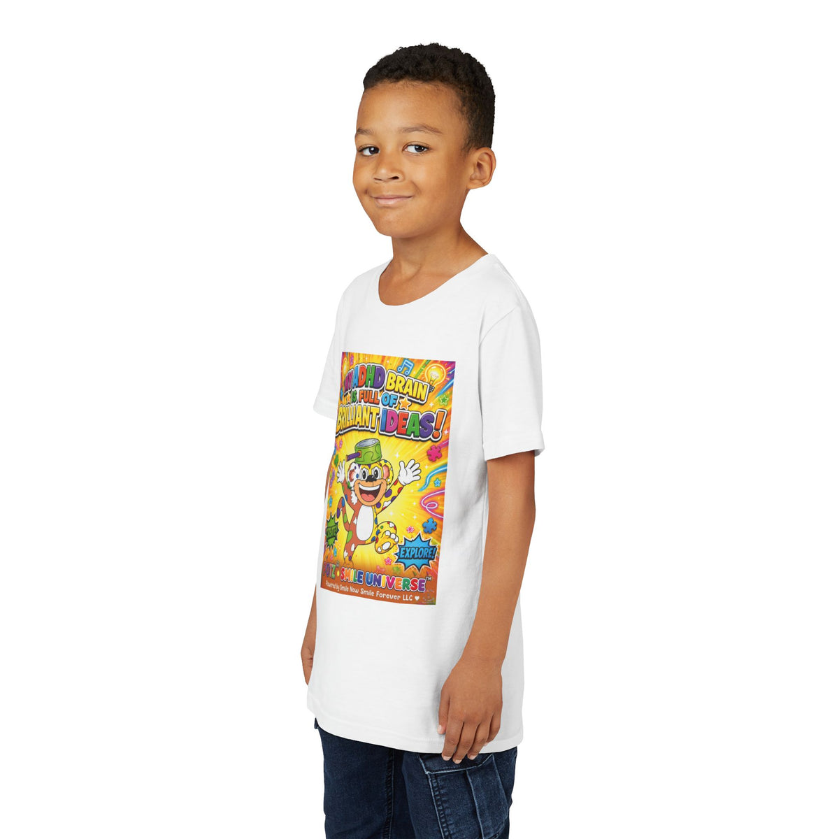 Potz™ Youth Short Sleeve Tee – "My ADHD Brain is Full of Brilliant Ideas!" Graphic Tee | Smile Universe Collection
