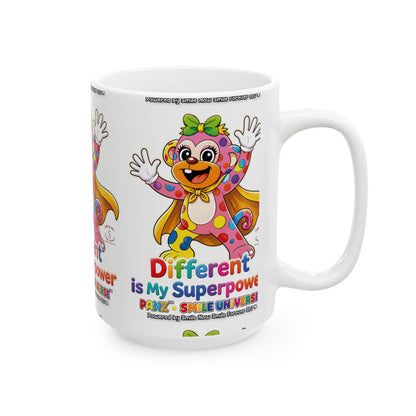 Panz™ Ceramic Mug (11oz & 15oz) – "Different is My Superpower" Graphic | Smile Universe Collection